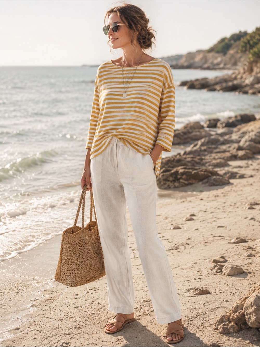100% Linen Top Mustard Yellow Striped Long Sleeve Lagenlook Coastal Boho Medium